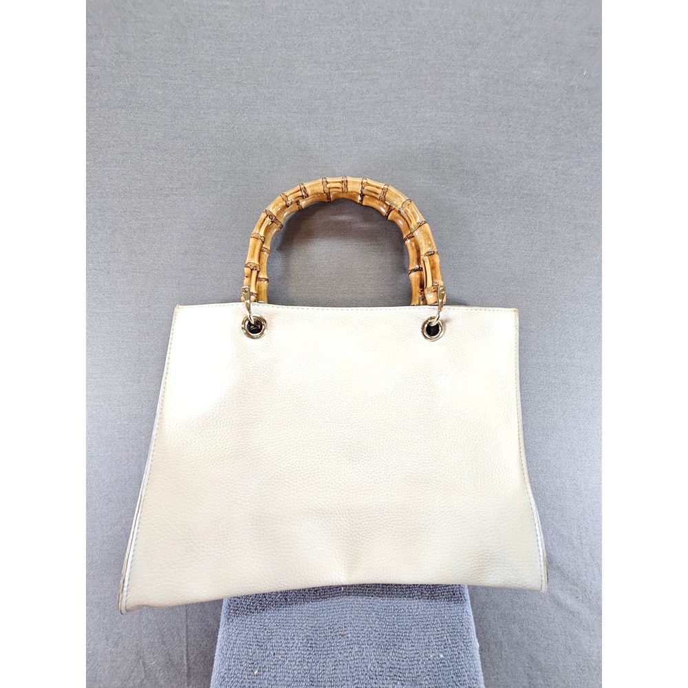 Mainstreet Collection Cream Pebbled Faux Leather Tote Bag with Bamboo Handles